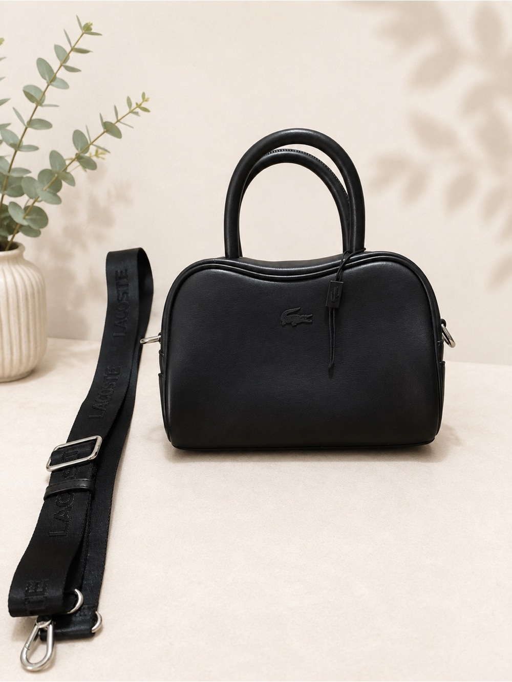 Lacoste Black Leather Lora Satchel Bag